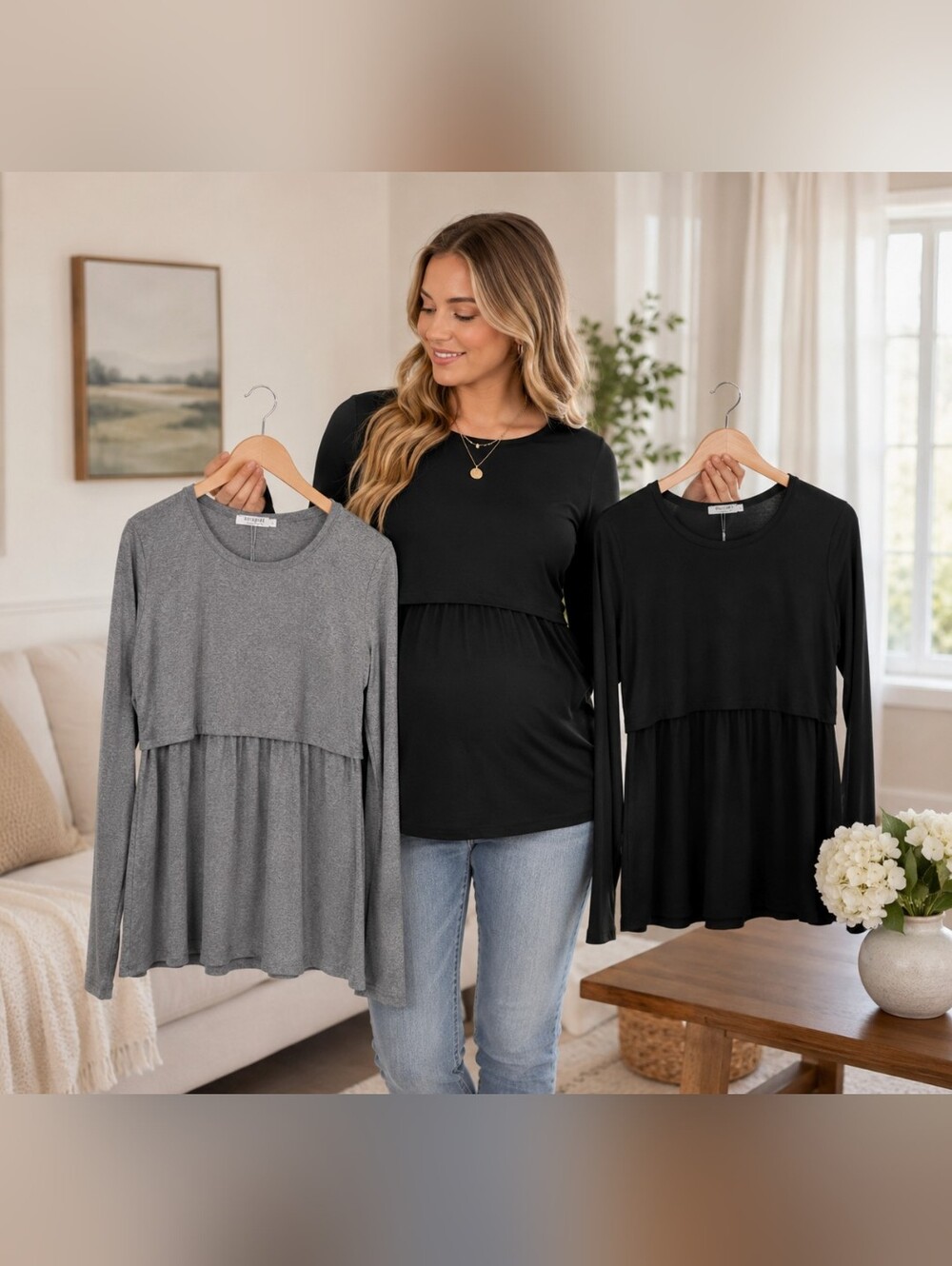 Ekouaer Women Nursing Tops Set of 2 Large Black Gray Long Sleeve Breastfeeding